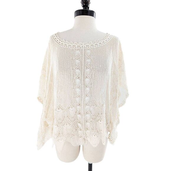 Sparrow Women Cream Batwing Sleeve Crochet Lace Cotton Poncho Size Medium - Picture 7 of 15